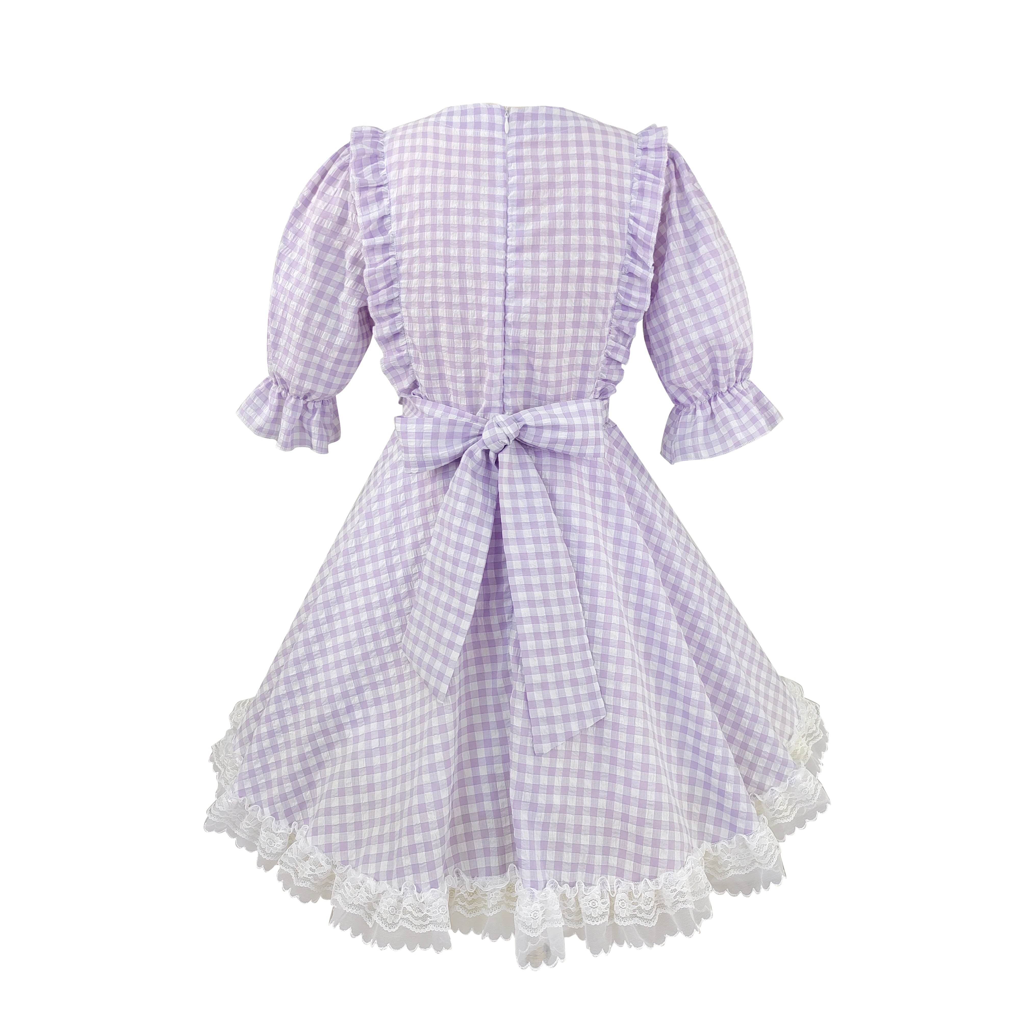Sweet Lolita Gingham Dress with Lace Trim and Bows Kawaii Puff Sleeve Doll Style
